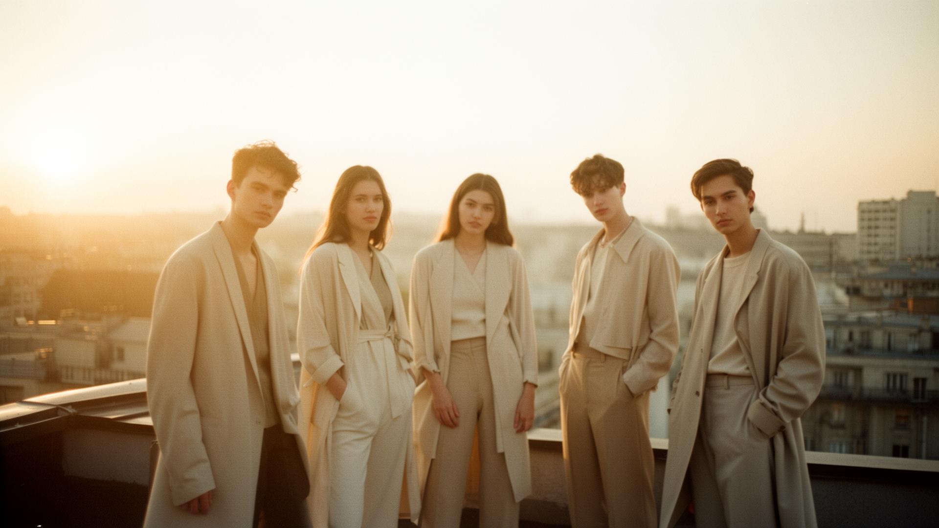 Young people on a rooftop at golden hour